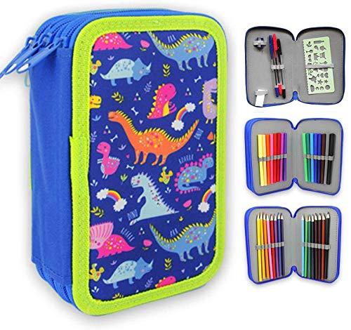Starplast, Estuche Escolar Plumier, 3 Compartimentos, 16 Lápices de Colores, 16 Rotuladores de Colores, Sacapuntas, Goma, 3 Bolígrafos para Uso Escolar, Regalo, Diseño Dinosaurios.