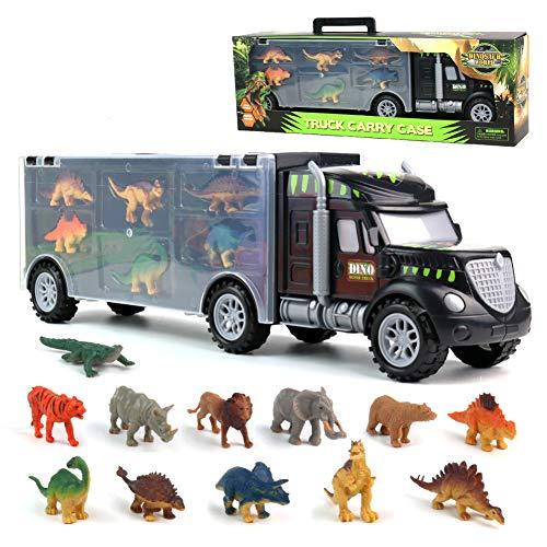 Dinosaurio del Juguete Camión de Transporte Transportador Coches con 12 Figuras de Juego de Dinosaurios de Dinosaurio Plásticos Educativo Juguete para Niños (Tamaño del camión: 39 cm * 8,5 cm * 12 cm)
