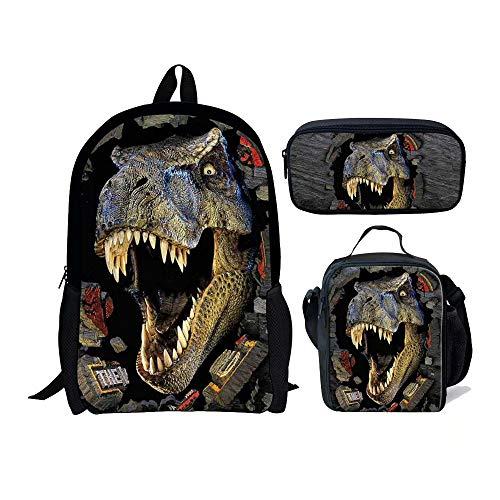 Chaqlin - Juego de 3 bolsas escolares con bolsa para el almuerzo, diseño de dinosaurio, lobo de fútbol, para niños y niñas, Mochila infantil, Multicolor