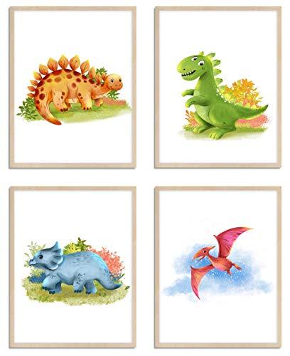 WIETRE® Juego de 4 imágenes de dinosaurio para habitación de los niños y bebés, decoración para niños y niñas, póster DIN A4 Dinos T-Rex de animales, decoración – sin marco