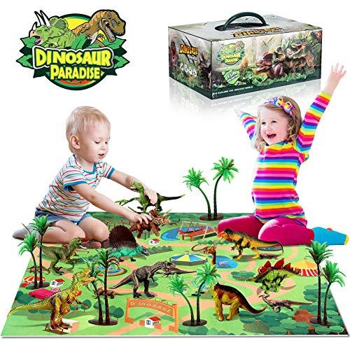 TTMOW Juego de Dinosaurios con 9 Figura de Dinosaurios, Tapete de Juego y 5 Arboles Juguetes Educativos para Niños